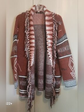 Doe & Rae Boho Fringe Open-Front rust Sweater Cardigan - Southwestern
